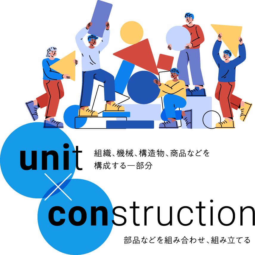 unit 組織、機械、構造物、商品などを構成する一部分　construction部品などを組み合わせ、組み立てる